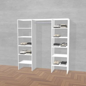 Garderobe løsning med inventar 200 cm med 2 sektioner med hylder og en sektion til bøjlestang. Inventaret er i hvid farve