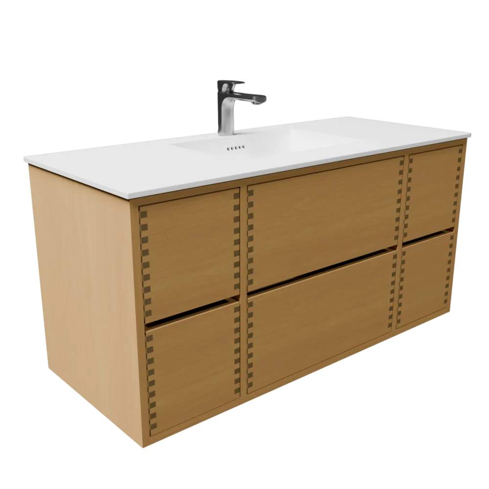 120 cm Naturolieret badmøbel med 6 skuffer og Solid Surface bordplade