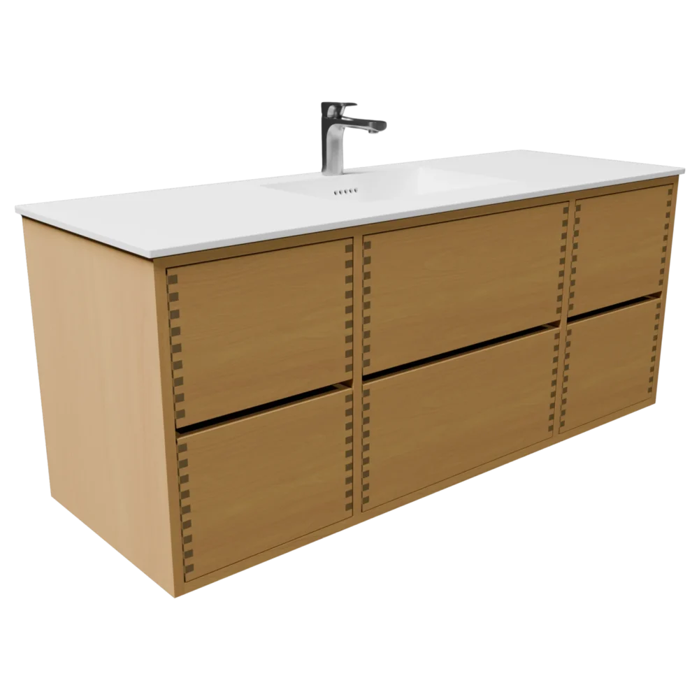 140 cm Naturolieret badmøbel med 6 skuffer og Solid Surface bordplade