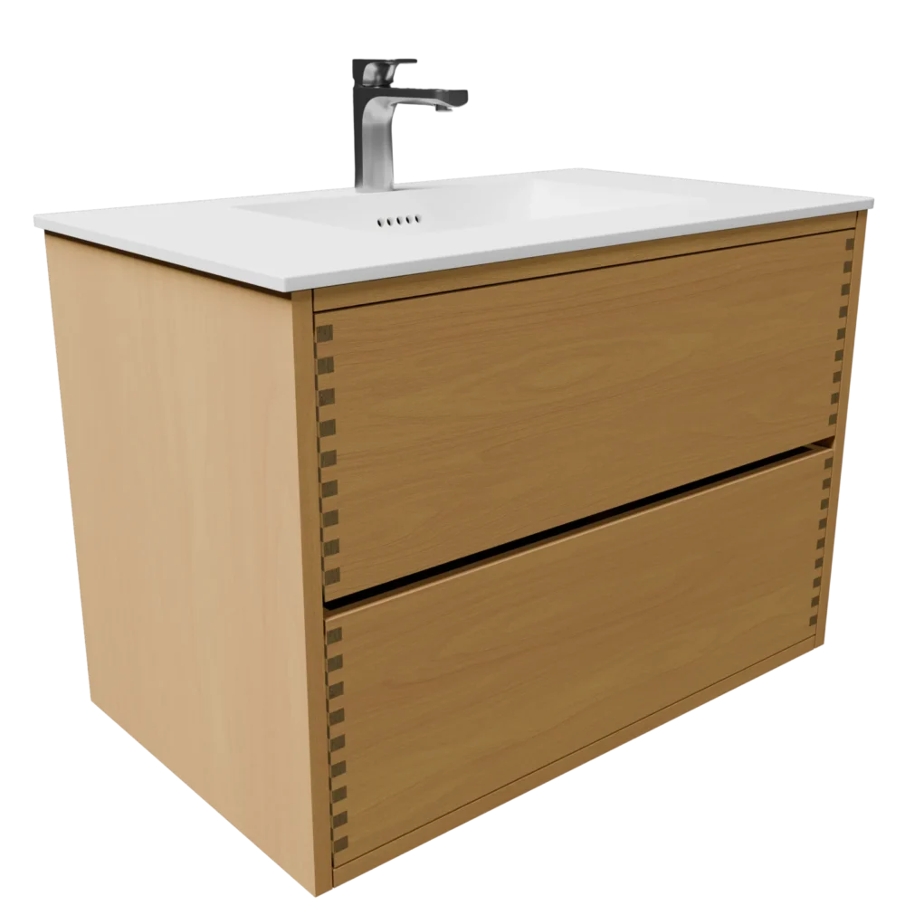 80 cm naturolieret fingertappet badmøbel m. 2 skuffer og Solid Surface bordplade