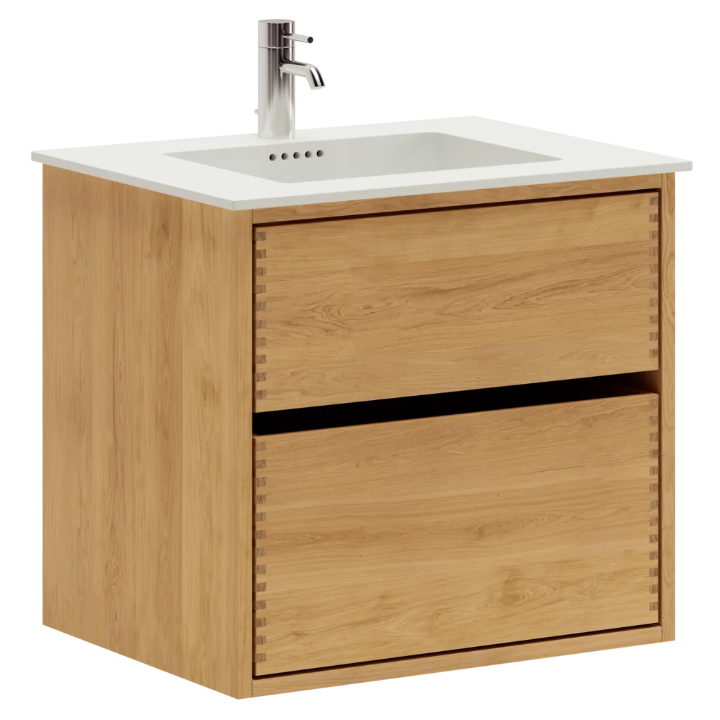 naturolieret fingertappet badmøbel m. 2 skuffer og Solid Surface bordplade