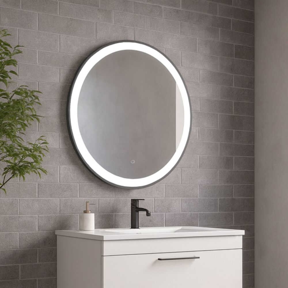 Rundt spejl ø800 med LED lys | sort ramme