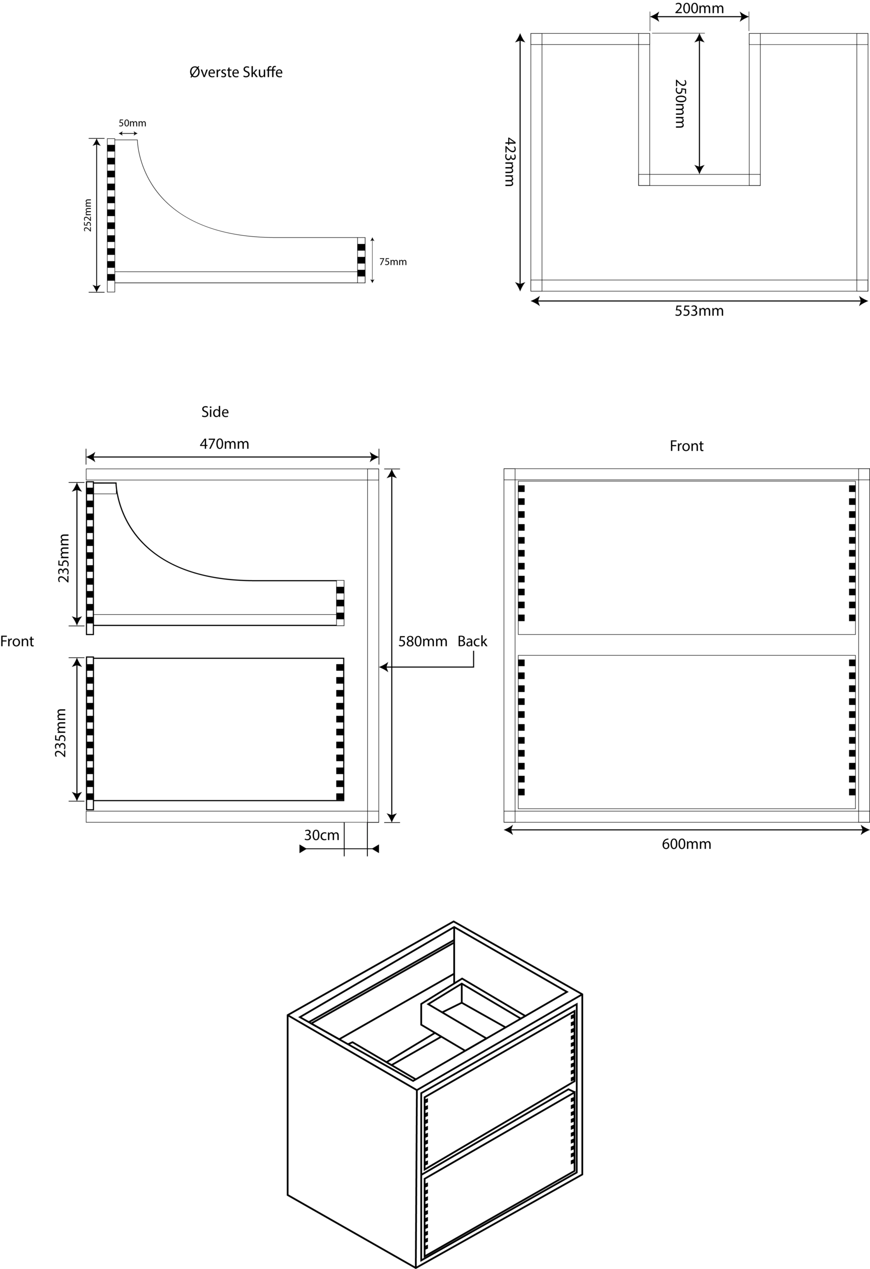 Mål på 2 skuffet fingertappet bademøbel